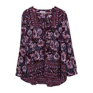 DR2 Tunic Top Womens XL Brown Multicolor Babydoll Floral Peasant Boho Lagenlook